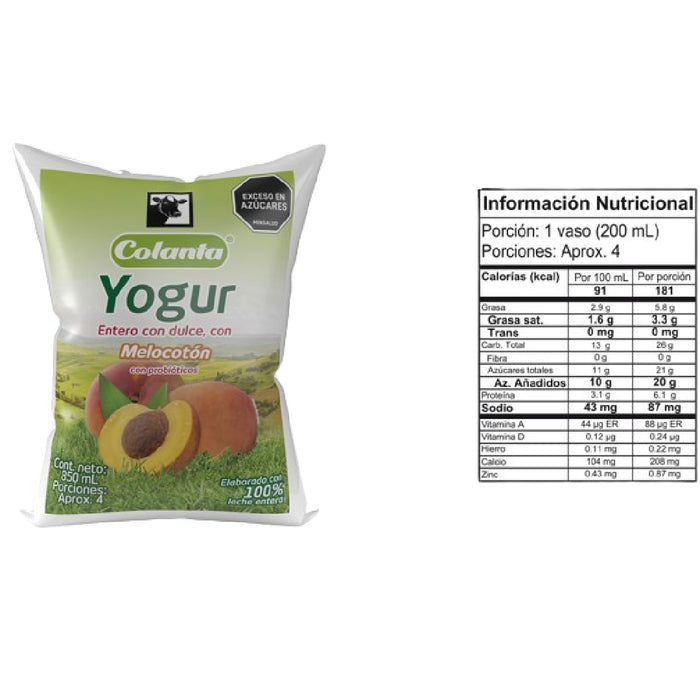 YOGURT COLANTA 850ML MELOCOTON BOLSA